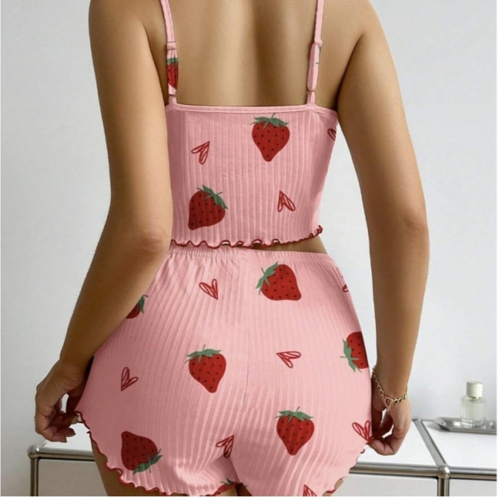 Women’s Pink Strawberry Graphic Ribbed Knit Cami & Shorts Pajama Set S - Picture 4 of 5